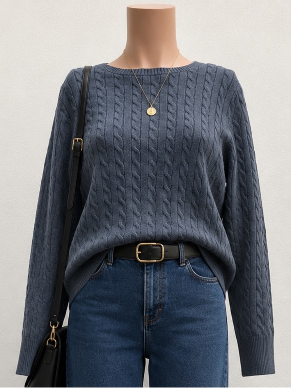 Lands' End Slate Blue-Gray Crew Neck Cable Knit Sweater | 100% Cotton